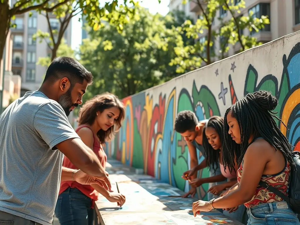 A colorful photograph featuring community members working together on a collaborative art project, demonstrating LA FABRIQUE IMAGINAIRE's dedication to fostering community bonds through artistic expression.