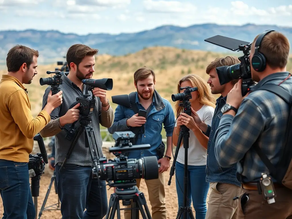 A scene from a community film project, showcasing local participants collaborating on set with professional filmmakers, using camera equipment and lighting to capture a compelling narrative.