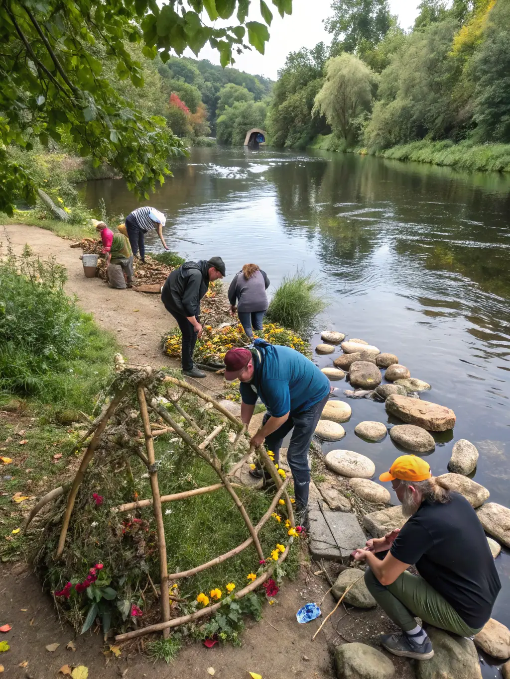 A group of community members participating in an outdoor art installation project organized by La Fabrique Imaginaire, demonstrating the organization's commitment to public art and community engagement.