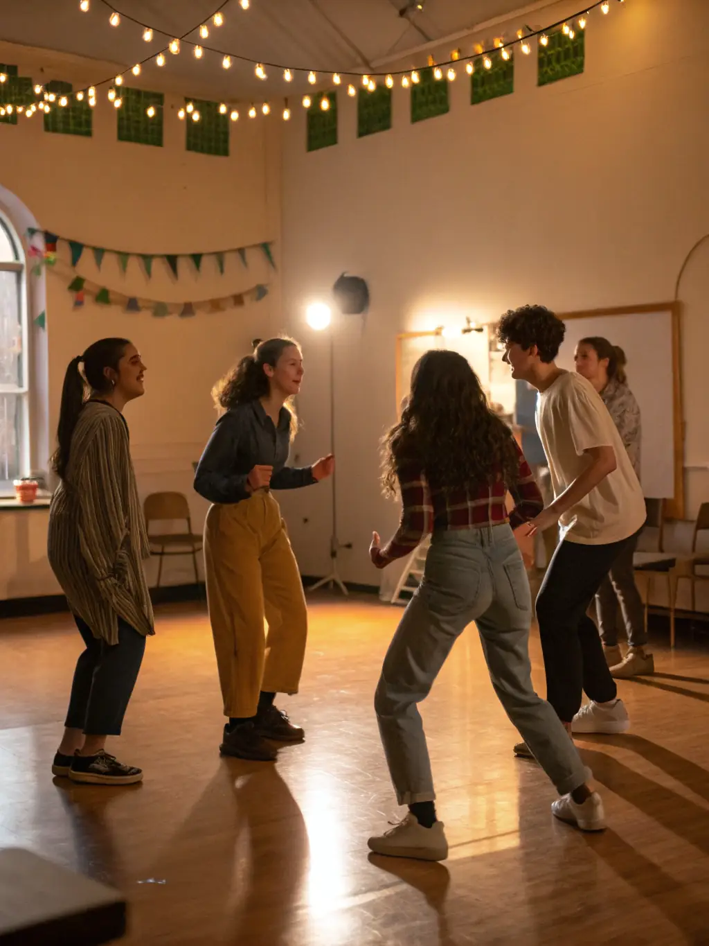 A vibrant photo of a theater workshop in progress, with participants actively engaged in a scene, showcasing the collaborative and creative atmosphere of La Fabrique Imaginaire's theater program.