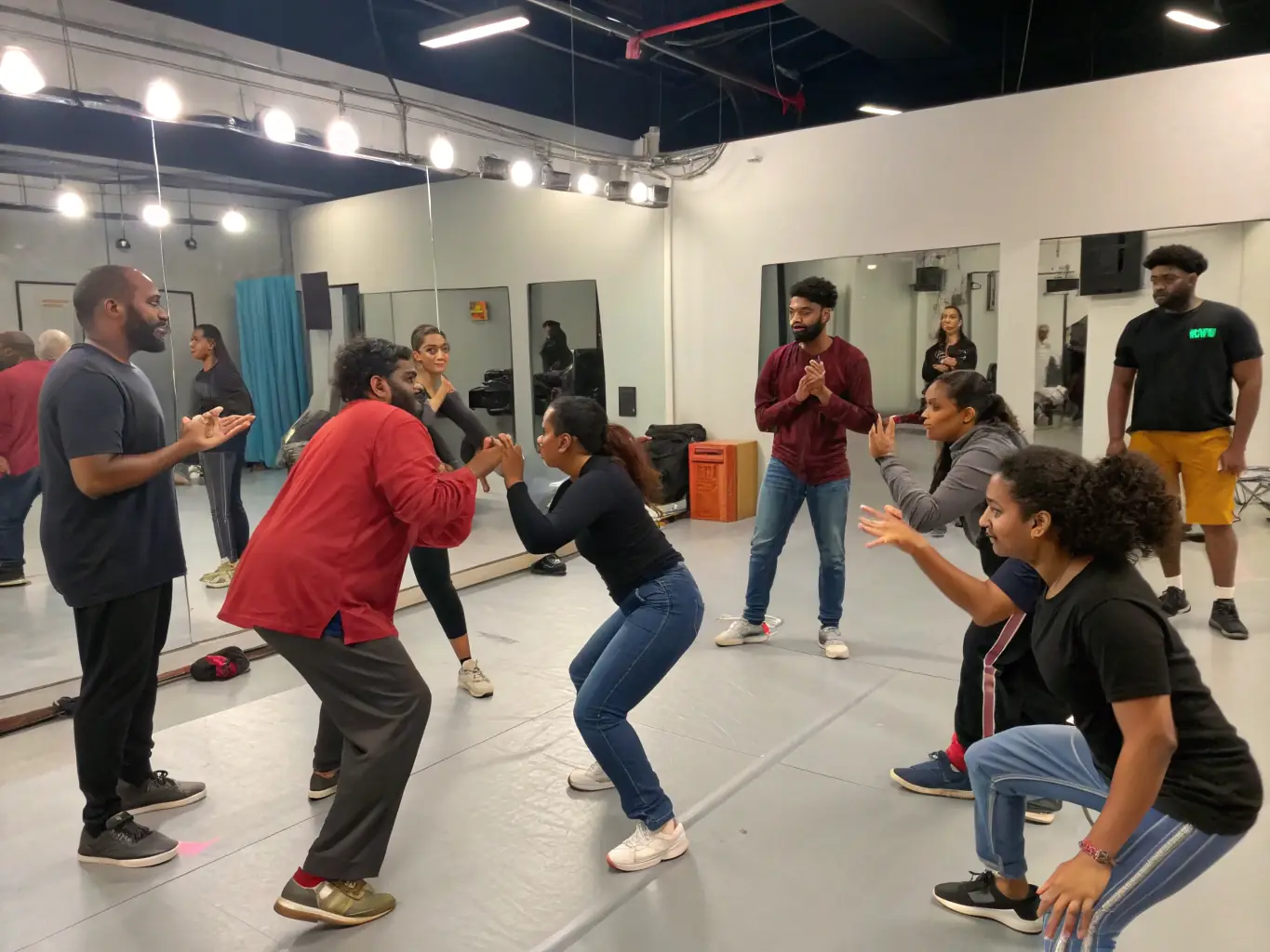 A group of diverse individuals participating in a theater workshop, focused on acting techniques and character development, set in a vibrant studio with theatrical props and costumes.