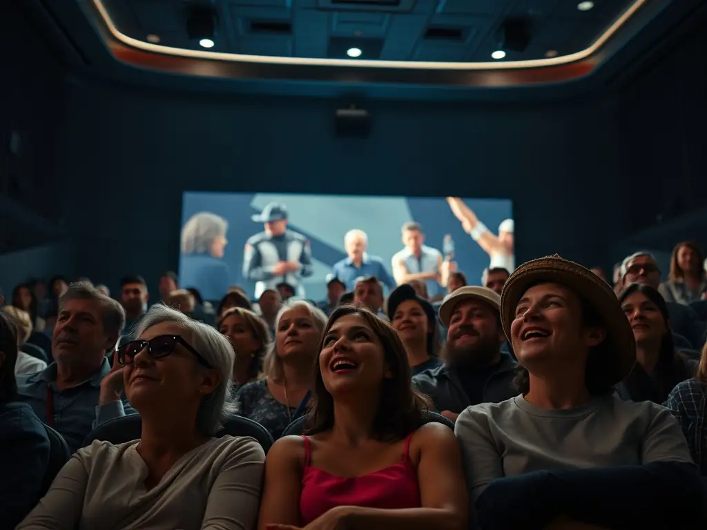 A dynamic image of a film screening event, with attendees deeply engaged in watching and discussing a thought-provoking film, highlighting LA FABRIQUE IMAGINAIRE's commitment to cinematic arts.