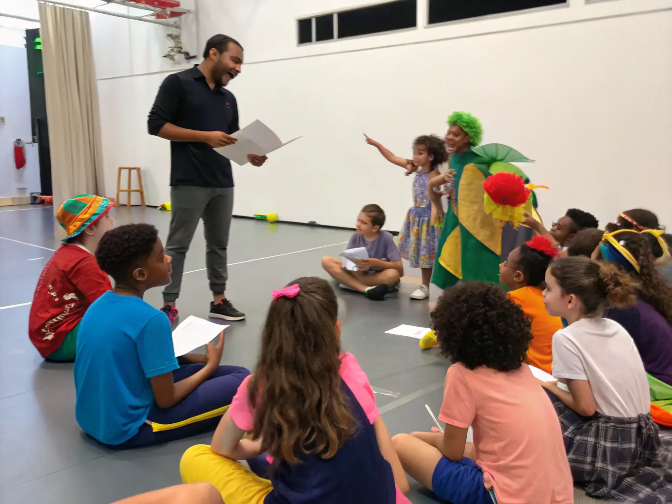 A vibrant photograph capturing participants of all ages engaged in a collaborative theater workshop, showcasing the energy and creativity fostered by LA FABRIQUE IMAGINAIRE's programs.